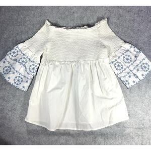 Anthropologie Beach Lunch Lounge White Peasant Top Smocked Bodice Bell Sleeves M